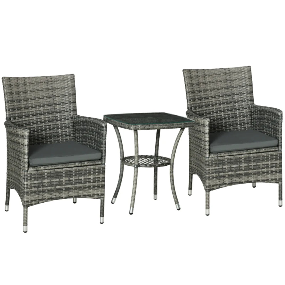Outsunny 3 Pieces Rattan Bistro Set, Wicker Garden Furniture Set with 2-Tier Coffee Table and Chairs, Washable Cushions, for Outdoor Patio Balcony, Mixed Grey