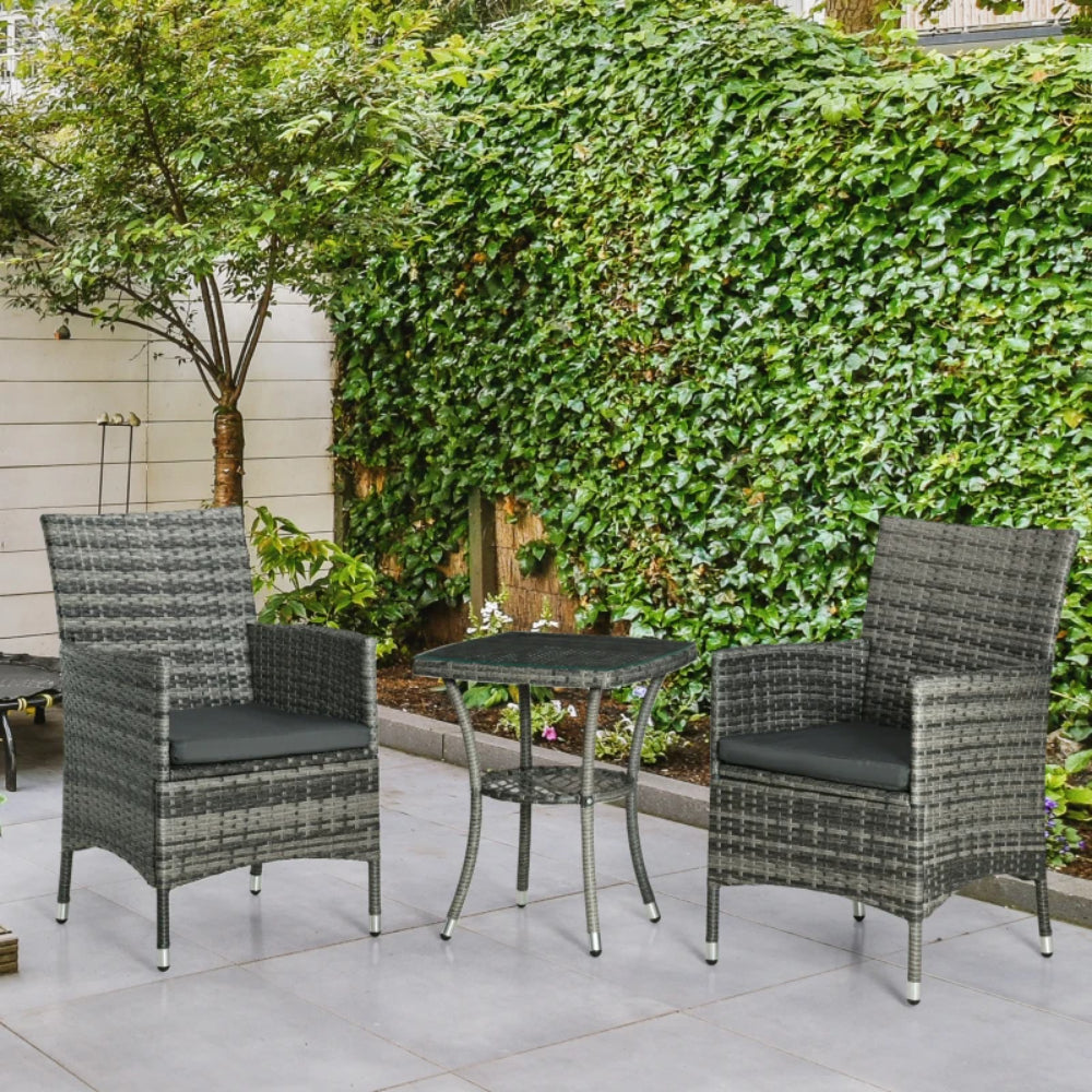 Outsunny 3 Pieces Rattan Bistro Set, Wicker Garden Furniture Set with 2-Tier Coffee Table and Chairs, Washable Cushions, for Outdoor Patio Balcony, Mixed Grey