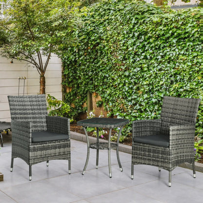 Outsunny 3 Pieces Rattan Bistro Set, Wicker Garden Furniture Set with 2-Tier Coffee Table and Chairs, Washable Cushions, for Outdoor Patio Balcony, Mixed Grey