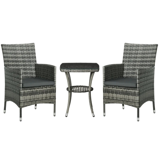 Outsunny 3 Pieces Rattan Bistro Set, Wicker Garden Furniture Set with 2-Tier Coffee Table and Chairs, Washable Cushions, for Outdoor Patio Balcony, Mixed Grey