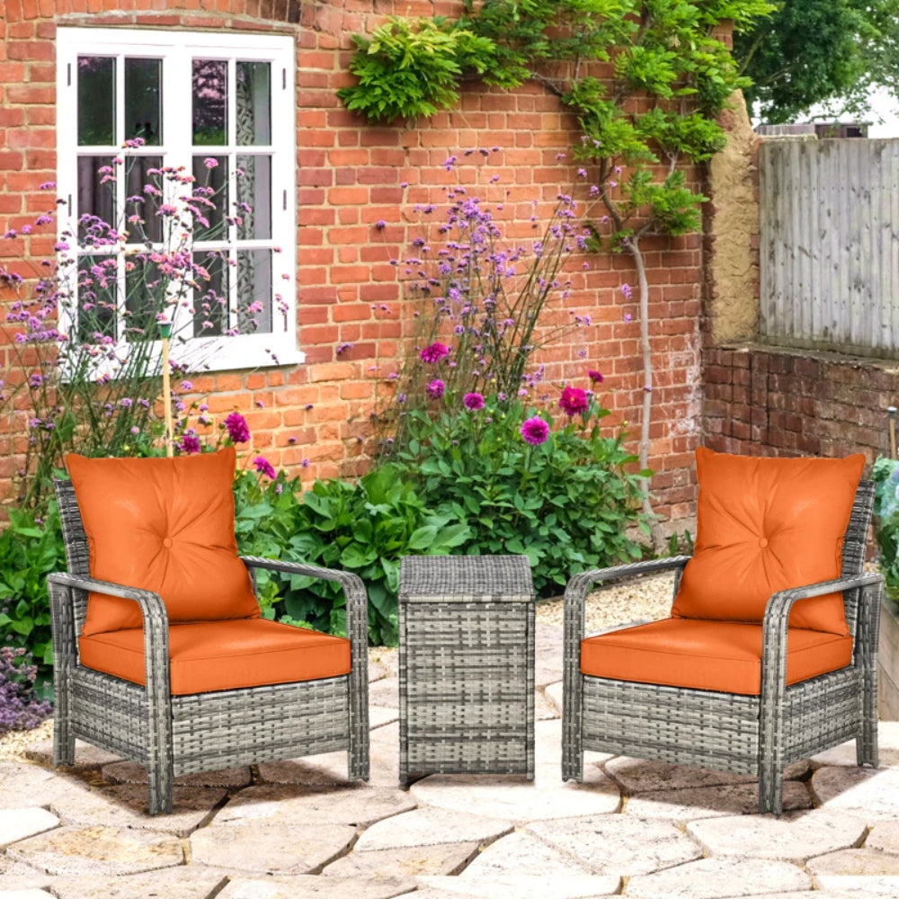 Outsunny 3 Pieces Rattan Bistro Set, Wicker Garden Furniture Set with 72 L Storage Coffee Table and Chairs, Orange
