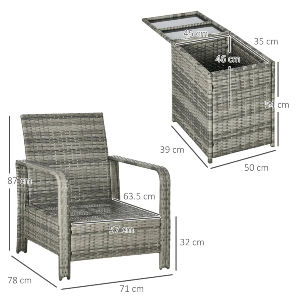 Outsunny 3 Pieces Rattan Bistro Set, Wicker Garden Furniture Set with 72 L Storage Coffee Table and Chairs, Orange