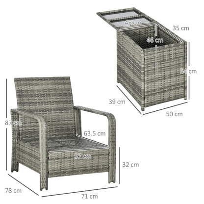 Outsunny 3 Pieces Rattan Bistro Set, Wicker Garden Furniture Set with 72 L Storage Coffee Table and Chairs, Orange