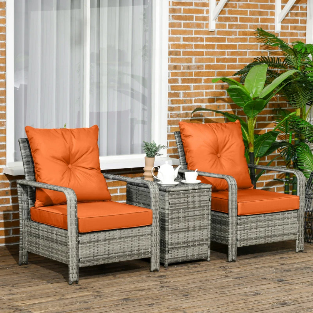 Outsunny 3 Pieces Rattan Bistro Set, Wicker Garden Furniture Set with 72 L Storage Coffee Table and Chairs, Orange