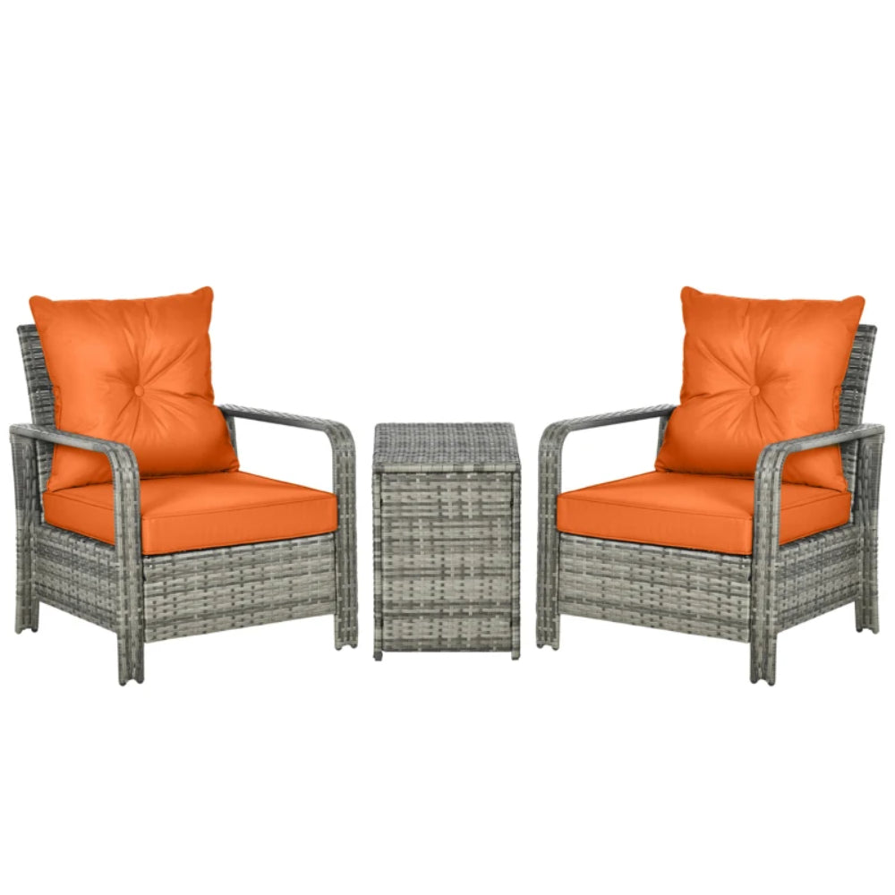 Outsunny 3 Pieces Rattan Bistro Set, Wicker Garden Furniture Set with 72 L Storage Coffee Table and Chairs, Orange