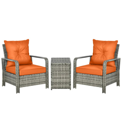 Outsunny 3 Pieces Rattan Bistro Set, Wicker Garden Furniture Set with 72 L Storage Coffee Table and Chairs, Orange