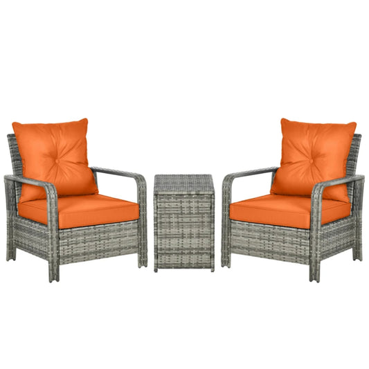 Outsunny 3 Pieces Rattan Bistro Set, Wicker Garden Furniture Set with 72 L Storage Coffee Table and Chairs, Orange
