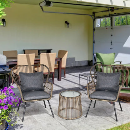 Outsunny 3 Pieces Rattan Bistro Set, Wicker Garden Furniture Set with Cushions, Glass Top Coffee Table and Chairs for Outdoor, Small Garden, Patio