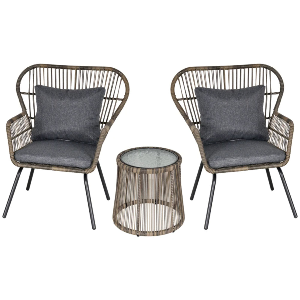 Outsunny 3 Pieces Rattan Bistro Set, Wicker Garden Furniture Set with Cushions, Glass Top Coffee Table and Chairs for Outdoor, Small Garden, Patio