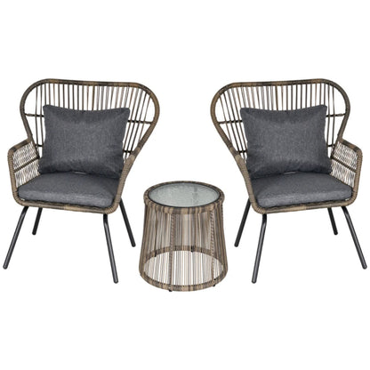 Outsunny 3 Pieces Rattan Bistro Set, Wicker Garden Furniture Set with Cushions, Glass Top Coffee Table and Chairs for Outdoor, Small Garden, Patio