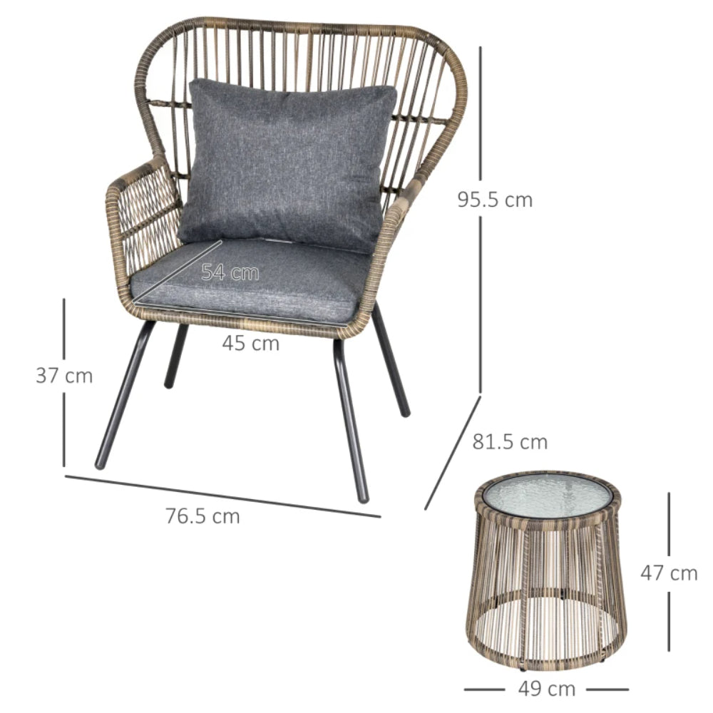 Outsunny 3 Pieces Rattan Bistro Set, Wicker Garden Furniture Set with Cushions, Glass Top Coffee Table and Chairs for Outdoor, Small Garden, Patio