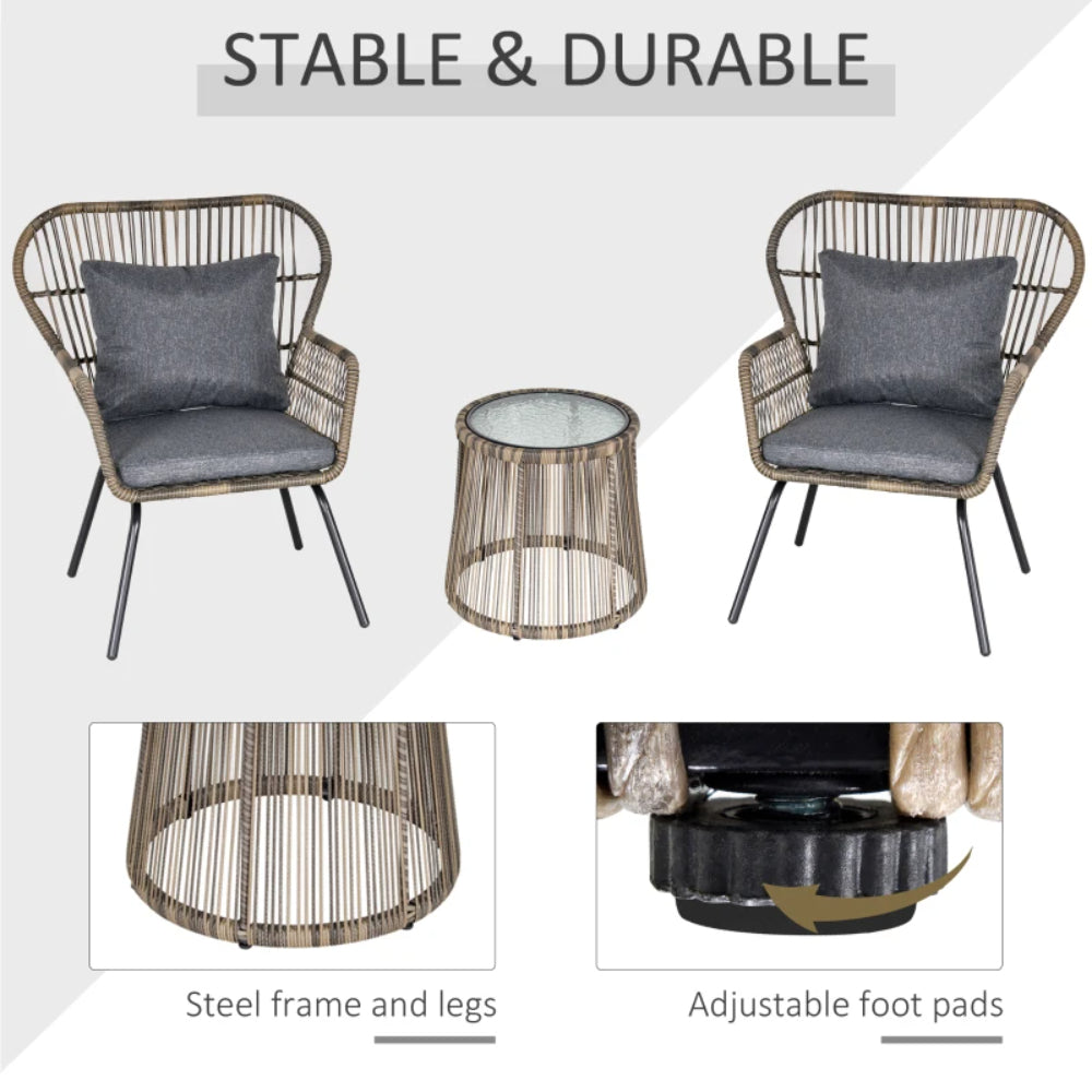 Outsunny 3 Pieces Rattan Bistro Set, Wicker Garden Furniture Set with Cushions, Glass Top Coffee Table and Chairs for Outdoor, Small Garden, Patio