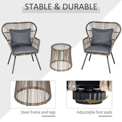 Outsunny 3 Pieces Rattan Bistro Set, Wicker Garden Furniture Set with Cushions, Glass Top Coffee Table and Chairs for Outdoor, Small Garden, Patio
