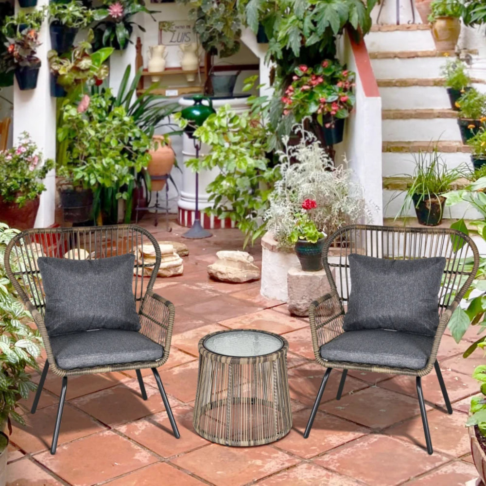Outsunny 3 Pieces Rattan Bistro Set, Wicker Garden Furniture Set with Cushions, Glass Top Coffee Table and Chairs for Outdoor, Small Garden, Patio