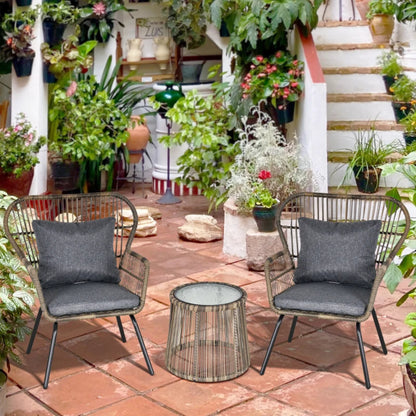 Outsunny 3 Pieces Rattan Bistro Set, Wicker Garden Furniture Set with Cushions, Glass Top Coffee Table and Chairs for Outdoor, Small Garden, Patio