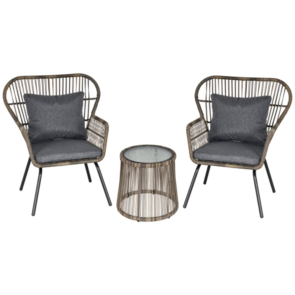 Outsunny 3 Pieces Rattan Bistro Set, Wicker Garden Furniture Set with Cushions, Glass Top Coffee Table and Chairs for Outdoor, Small Garden, Patio