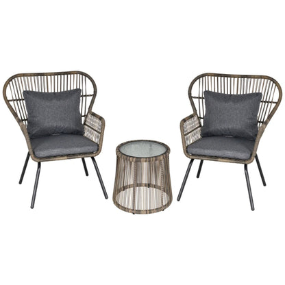 Outsunny 3 Pieces Rattan Bistro Set, Wicker Garden Furniture Set with Cushions, Glass Top Coffee Table and Chairs for Outdoor, Small Garden, Patio
