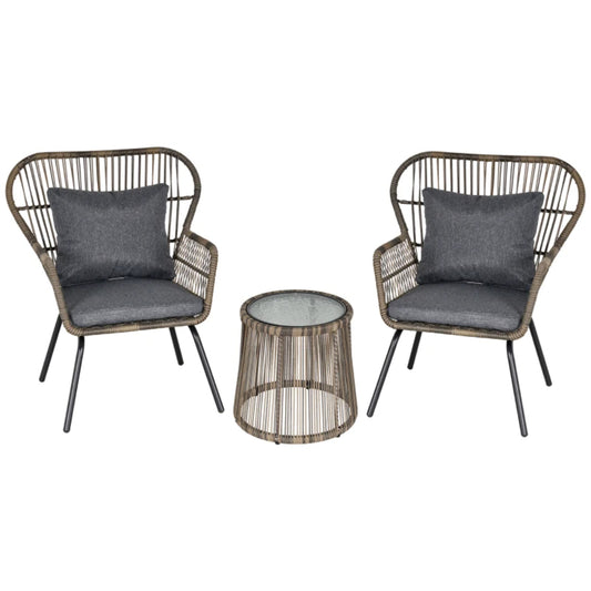 Outsunny 3 Pieces Rattan Bistro Set, Wicker Garden Furniture Set with Cushions, Glass Top Coffee Table and Chairs for Outdoor, Small Garden, Patio