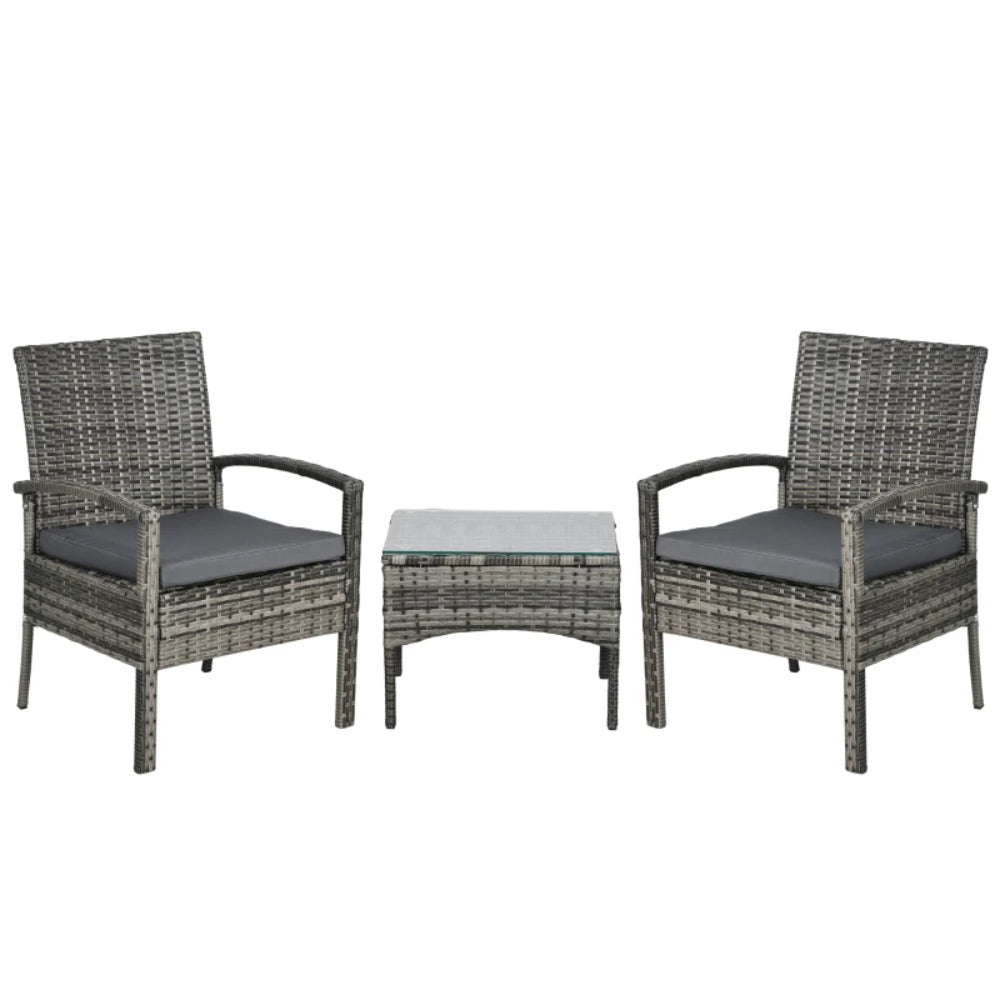Outsunny 3 Pieces Rattan Bistro Set, Wicker Garden Furniture Set with Glass Top Coffee Table and Chairs, Washable Cushions for Outdoor, Patio, Balcony, Mixed Grey