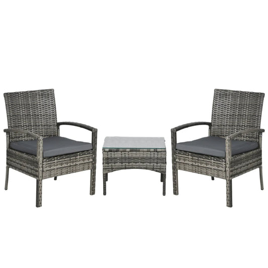 Outsunny 3 Pieces Rattan Bistro Set, Wicker Garden Furniture Set with Glass Top Coffee Table and Chairs, Washable Cushions for Outdoor, Patio, Balcony, Mixed Grey