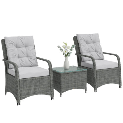 Outsunny 3 Pieces Rattan Bistro Set, Wicker Garden Furniture Set with Metal Frame, Cover, Glass Top Coffee Table, Light Grey