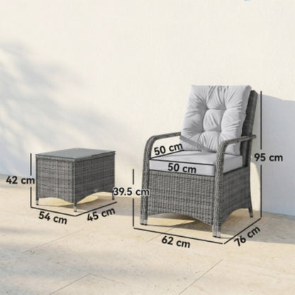 Outsunny 3 Pieces Rattan Bistro Set, Wicker Garden Furniture Set with Metal Frame, Cover, Glass Top Coffee Table, Light Grey