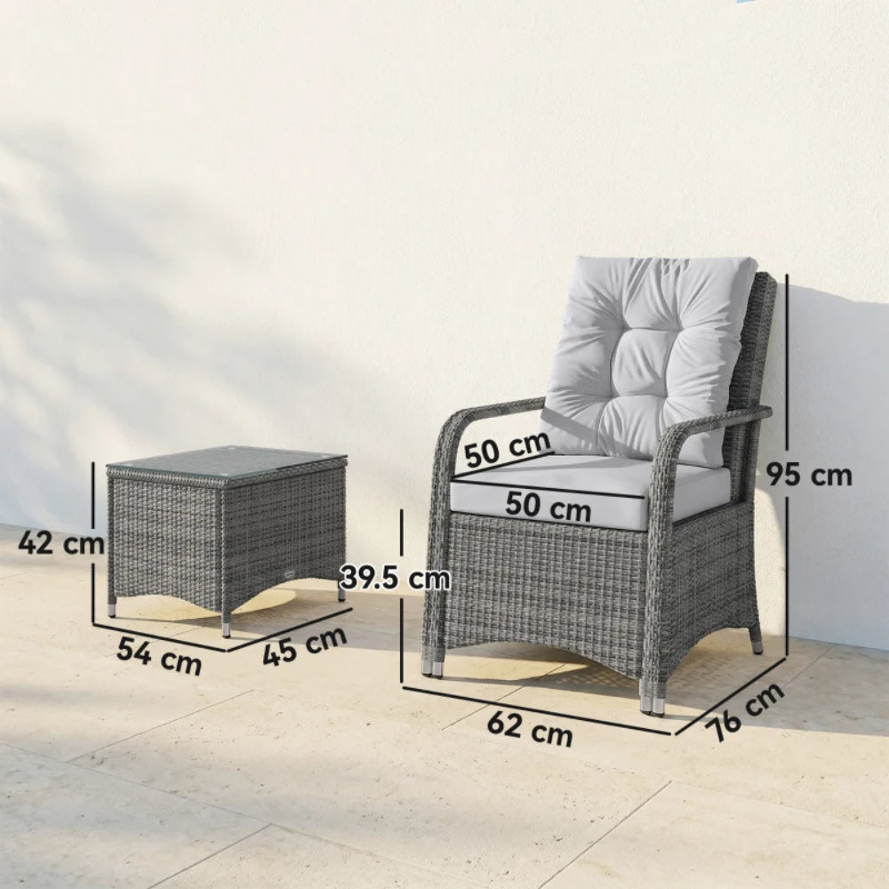 Outsunny 3 Pieces Rattan Bistro Set, Wicker Garden Furniture Set with Metal Frame, Cover, Glass Top Coffee Table, Light Grey