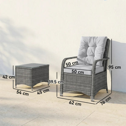 Outsunny 3 Pieces Rattan Bistro Set, Wicker Garden Furniture Set with Metal Frame, Cover, Glass Top Coffee Table, Light Grey