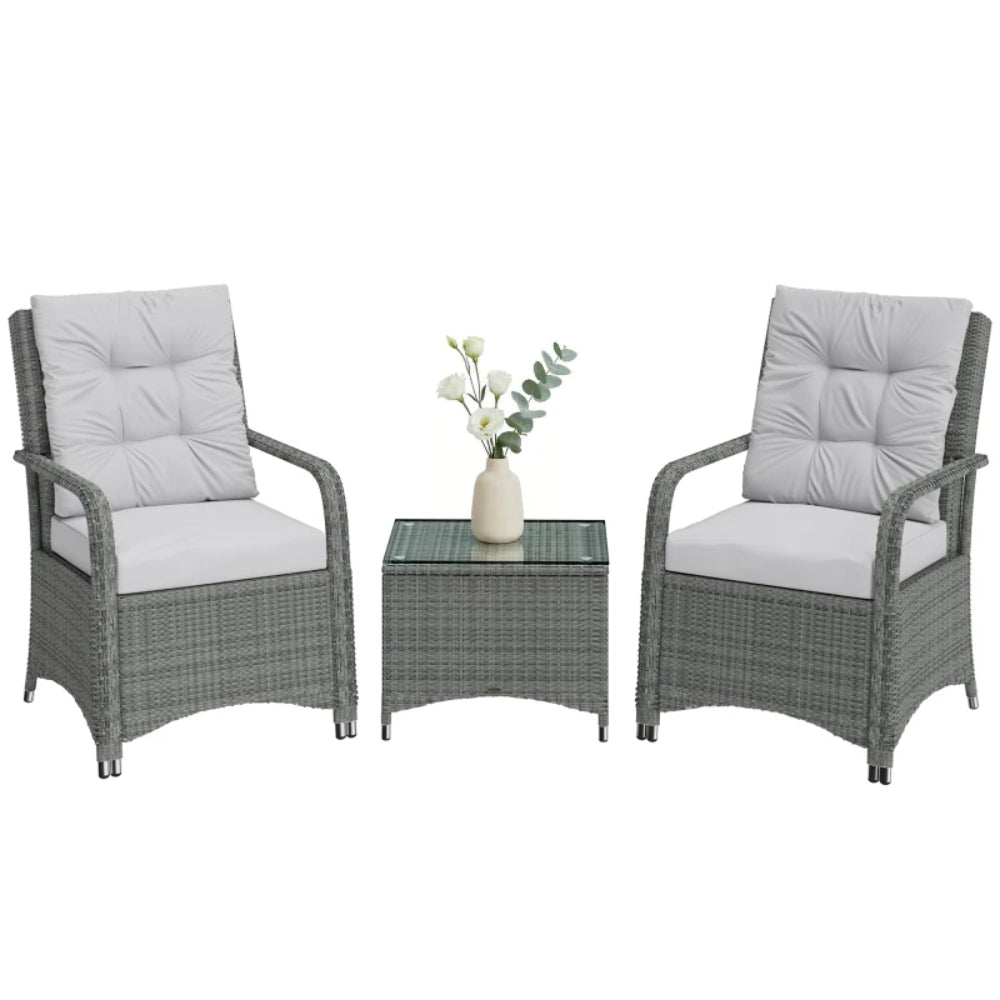 Outsunny 3 Pieces Rattan Bistro Set, Wicker Garden Furniture Set with Metal Frame, Cover, Glass Top Coffee Table, Light Grey