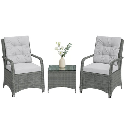 Outsunny 3 Pieces Rattan Bistro Set, Wicker Garden Furniture Set with Metal Frame, Cover, Glass Top Coffee Table, Light Grey