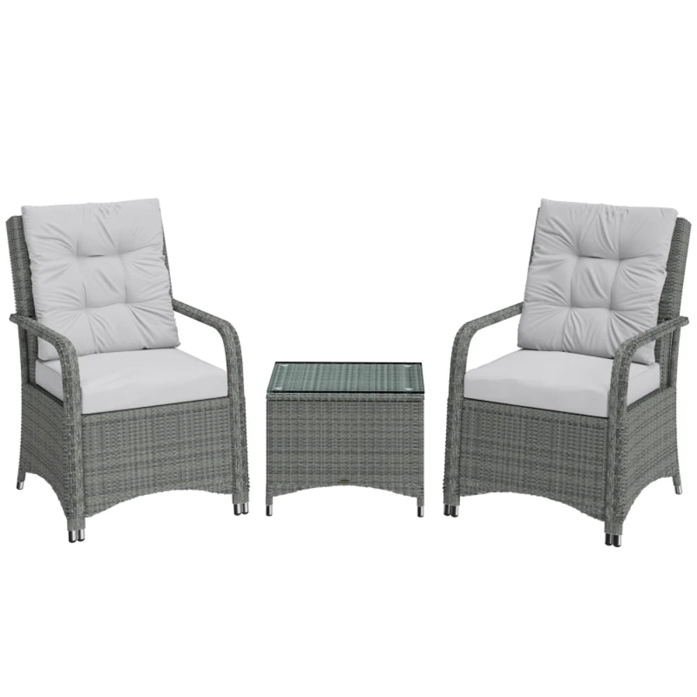 Outsunny 3 Pieces Rattan Bistro Set, Wicker Garden Furniture Set with Metal Frame, Cover, Glass Top Coffee Table, Light Grey