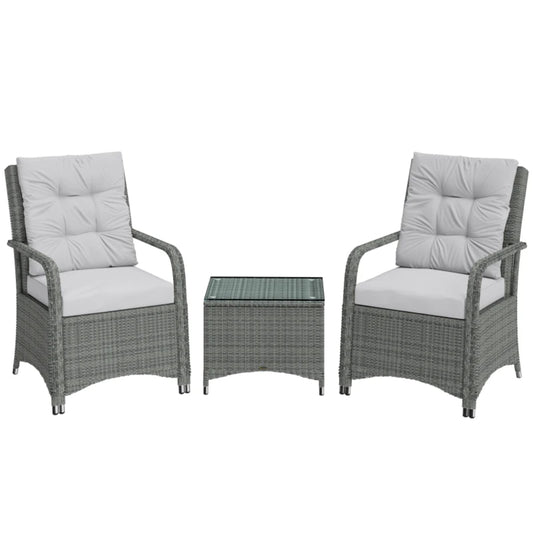 Outsunny 3 Pieces Rattan Bistro Set, Wicker Garden Furniture Set with Metal Frame, Cover, Glass Top Coffee Table, Light Grey
