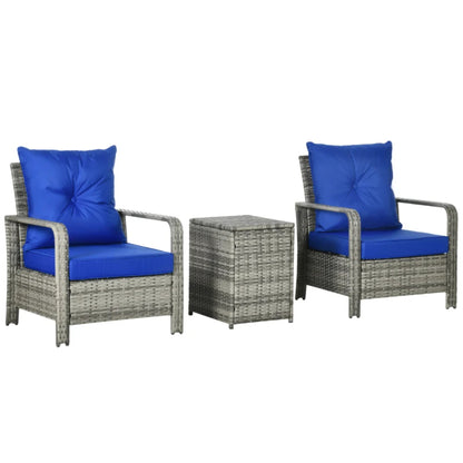 Outsunny 3 Pieces Rattan Bistro Set, Wicker Garden Furniture Set with Storage Coffee Table and Chairs, Thickened Cushions for Outdoor, Patio, Balcony, Blue