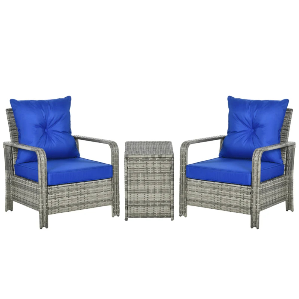 Outsunny 3 Pieces Rattan Bistro Set, Wicker Garden Furniture Set with Storage Coffee Table and Chairs, Thickened Cushions for Outdoor, Patio, Balcony, Blue