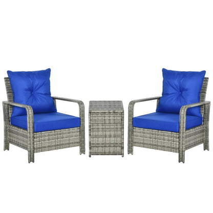 Outsunny 3 Pieces Rattan Bistro Set, Wicker Garden Furniture Set with Storage Coffee Table and Chairs, Thickened Cushions for Outdoor, Patio, Balcony, Blue