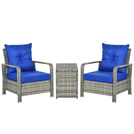 Outsunny 3 Pieces Rattan Bistro Set, Wicker Garden Furniture Set with Storage Coffee Table and Chairs, Thickened Cushions for Outdoor, Patio, Balcony, Blue