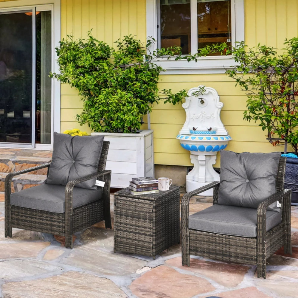 Outsunny 3 Pieces Rattan Bistro Set, Wicker Garden Furniture Set with Storage Coffee Table and Chairs, Thickened Cushions for Outdoor, Patio, Balcony, Grey
