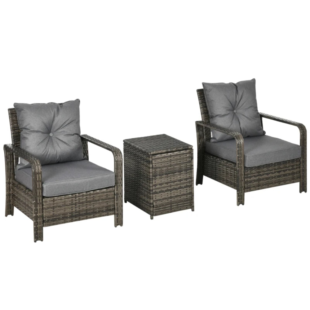 Outsunny 3 Pieces Rattan Bistro Set, Wicker Garden Furniture Set with Storage Coffee Table and Chairs, Thickened Cushions for Outdoor, Patio, Balcony, Grey