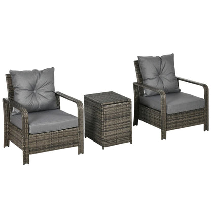 Outsunny 3 Pieces Rattan Bistro Set, Wicker Garden Furniture Set with Storage Coffee Table and Chairs, Thickened Cushions for Outdoor, Patio, Balcony, Grey