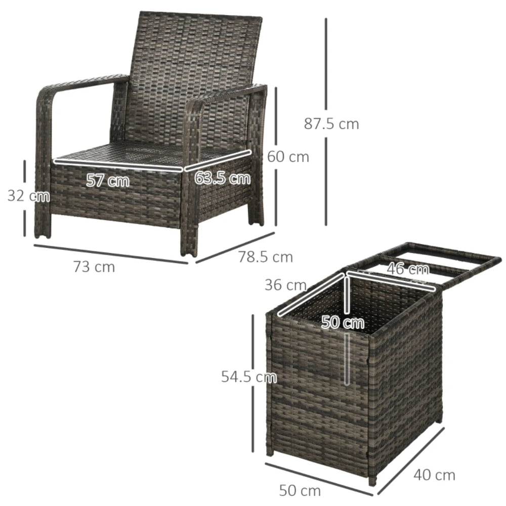 Outsunny 3 Pieces Rattan Bistro Set, Wicker Garden Furniture Set with Storage Coffee Table and Chairs, Thickened Cushions for Outdoor, Patio, Balcony, Grey