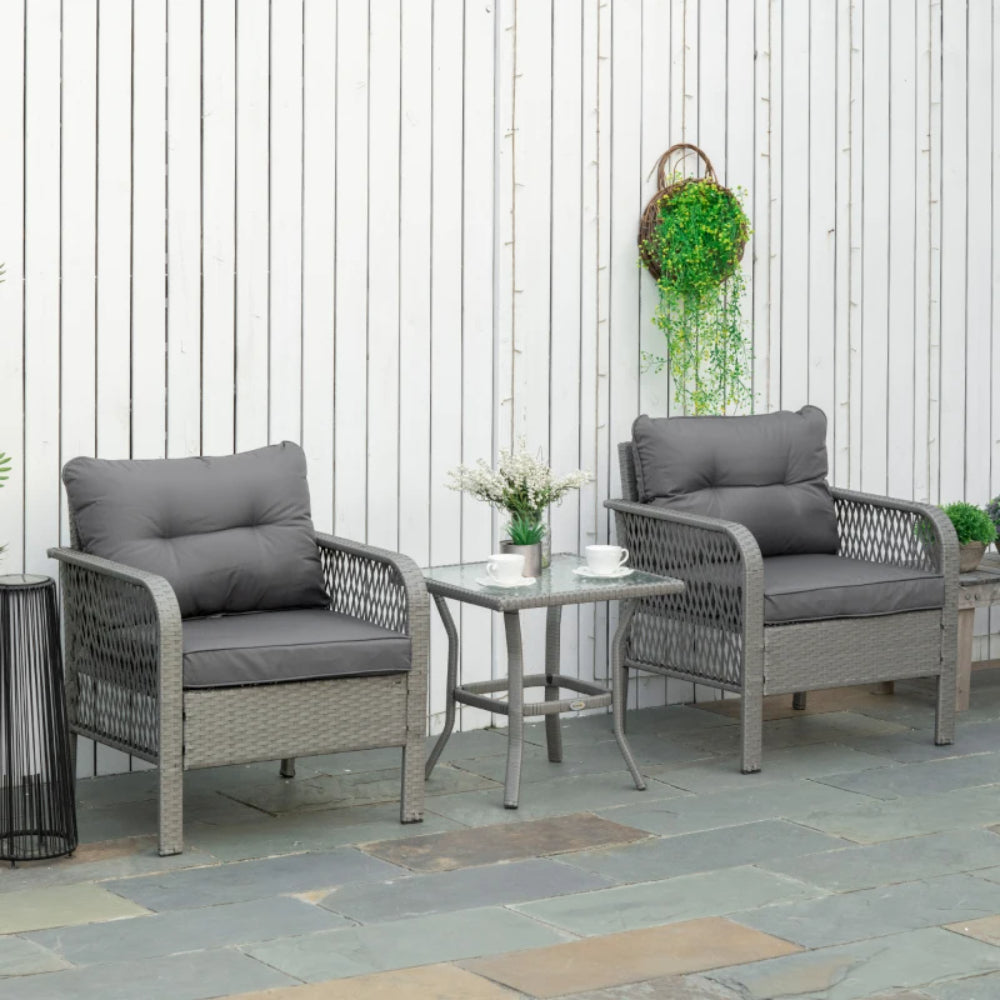 Outsunny 3 Pieces Rattan Bistro Set with Glass Top Coffee Table, Chairs and Cushions for Outdoor, Patio, Balcony
