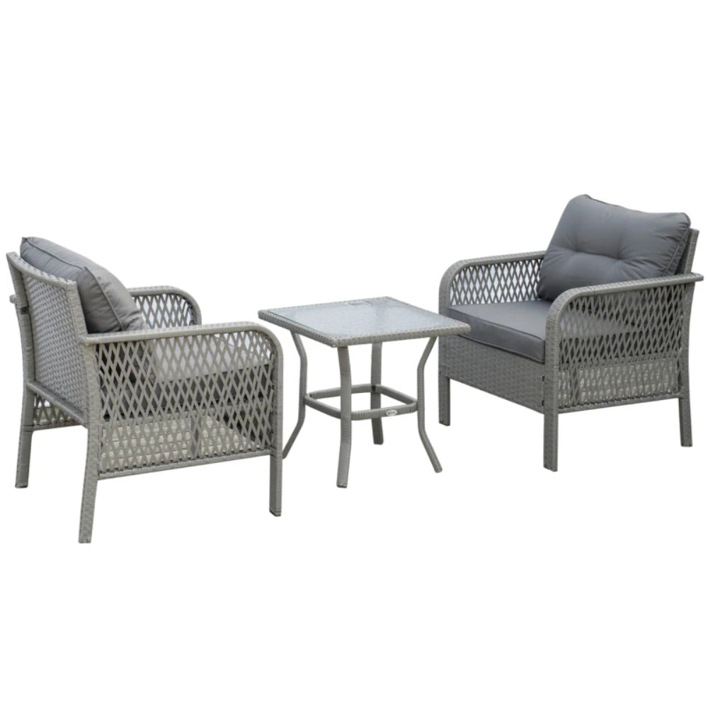 Outsunny 3 Pieces Rattan Bistro Set with Glass Top Coffee Table, Chairs and Cushions for Outdoor, Patio, Balcony