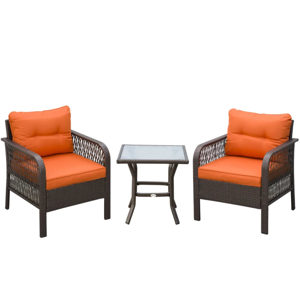 Outsunny 3 Pieces Rattan Bistro Set with Glass Top Coffee Table, Chairs and Cushions for Outdoor, Patio, Balcony