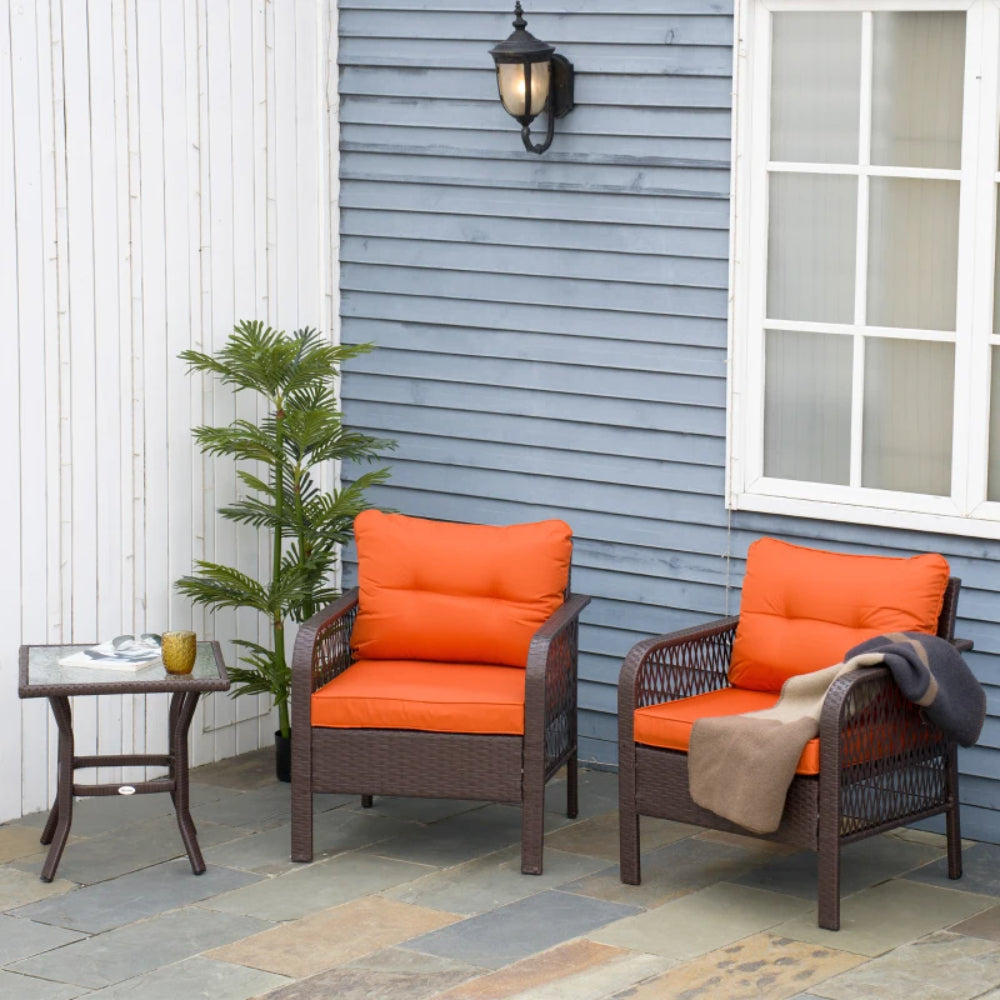 Outsunny 3 Pieces Rattan Bistro Set with Glass Top Coffee Table, Chairs and Cushions for Outdoor, Patio, Balcony