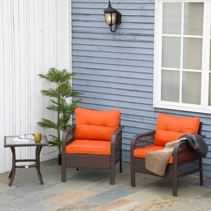 Outsunny 3 Pieces Rattan Bistro Set with Glass Top Coffee Table, Chairs and Cushions for Outdoor, Patio, Balcony