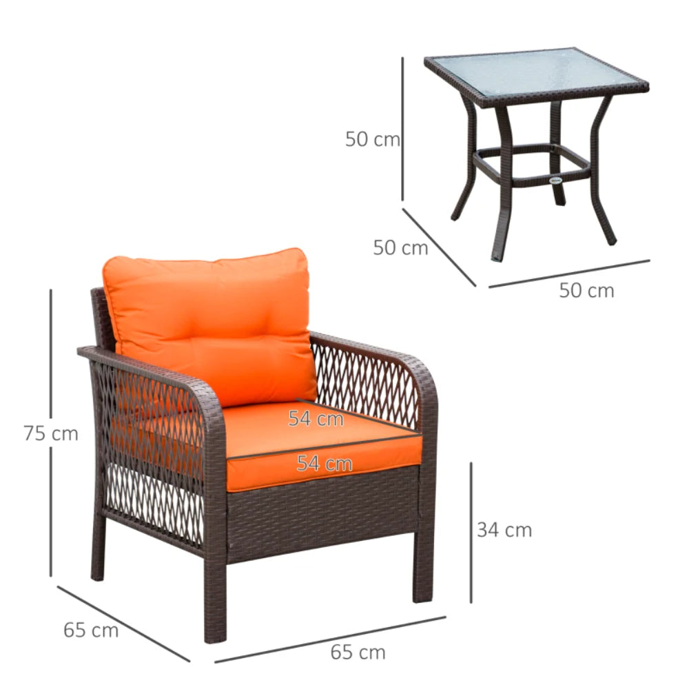 Outsunny 3 Pieces Rattan Bistro Set with Glass Top Coffee Table, Chairs and Cushions for Outdoor, Patio, Balcony