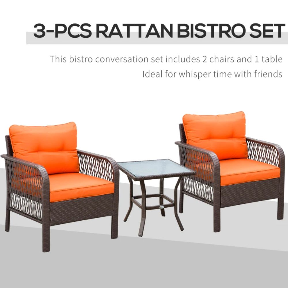 Outsunny 3 Pieces Rattan Bistro Set with Glass Top Coffee Table, Chairs and Cushions for Outdoor, Patio, Balcony