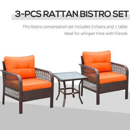 Outsunny 3 Pieces Rattan Bistro Set with Glass Top Coffee Table, Chairs and Cushions for Outdoor, Patio, Balcony