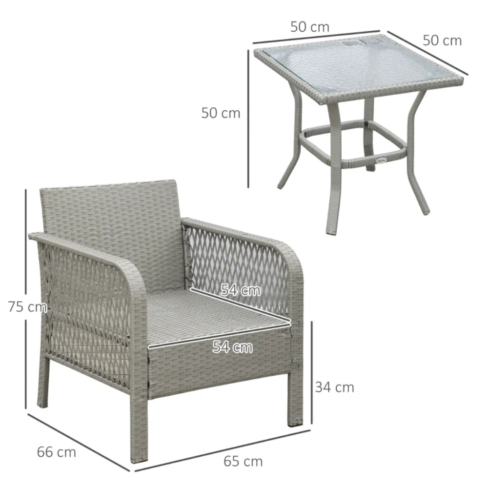 Outsunny 3 Pieces Rattan Bistro Set with Glass Top Coffee Table, Chairs and Cushions for Outdoor, Patio, Balcony