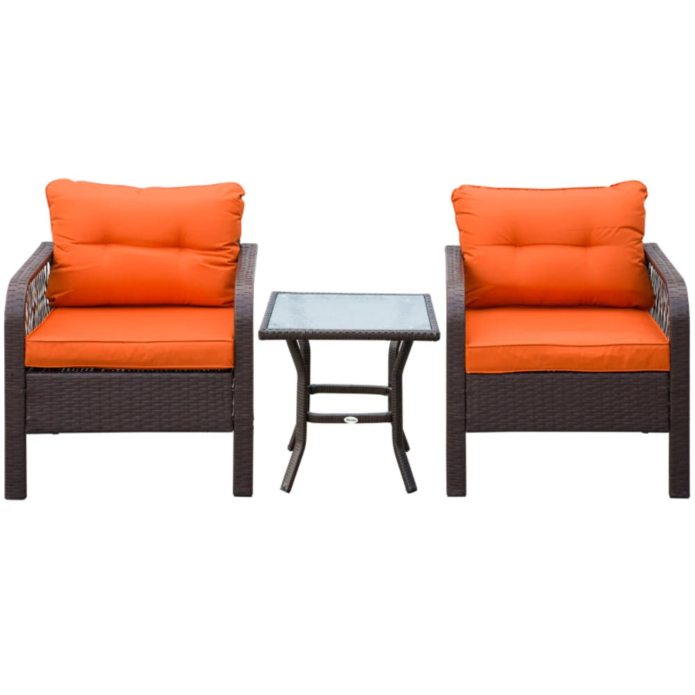 Outsunny 3 Pieces Rattan Bistro Set with Glass Top Coffee Table, Chairs and Cushions for Outdoor, Patio, Balcony